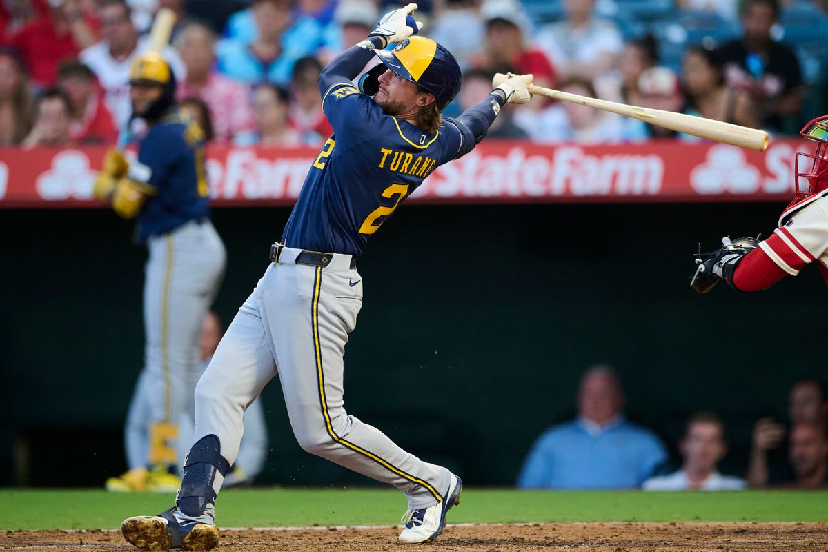 The Milwaukee Brewers Brice Turang #2 hits a two run home-run during an MLB game against The Los Angeles Angels on July 31st, 2026 at Angel Stadium in Anaheim, California. The Milwaukee Brewers Brice Turang #2 hits a two run home-run during an MLB game against The Los Angeles Angels on July 31st, 2026 at Angel Stadium in Anaheim, California.