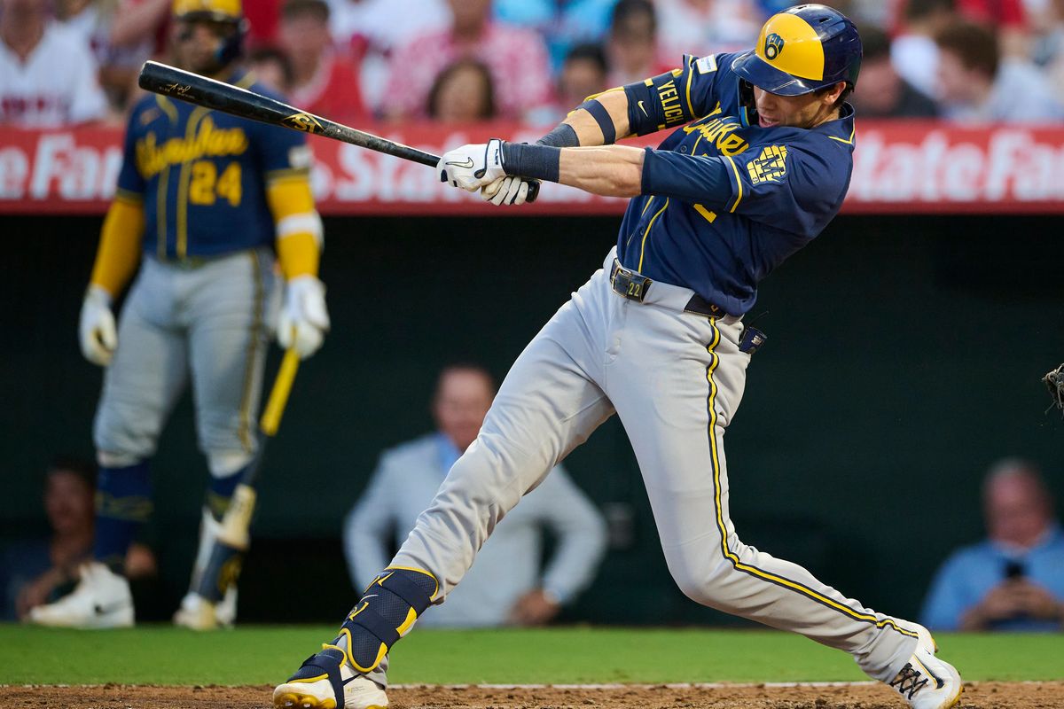 The Milwaukee Brewers Christian Yelich #22 at bat during an MLB game against The Los Angeles Angels on July 31st, 2026 at Angel Stadium in Anaheim, California. The Milwaukee Brewers Christian Yelich #22 at bat during an MLB game against The Los Angeles Angels on July 31st, 2026 at Angel Stadium in Anaheim, California.