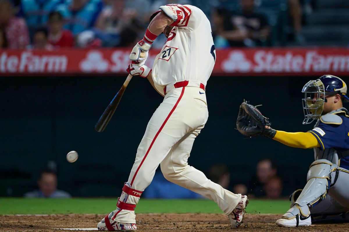 The Los Angeles Angels Mike Trout #27 at bat during an MLB game against The Milwaukee Brewers on July 31st, 2026 at Angel Stadium in Anaheim, California. The Los Angeles Angels Mike Trout #27 at bat during an MLB game against The Milwaukee Brewers on July 31st, 2026 at Angel Stadium in Anaheim, California.