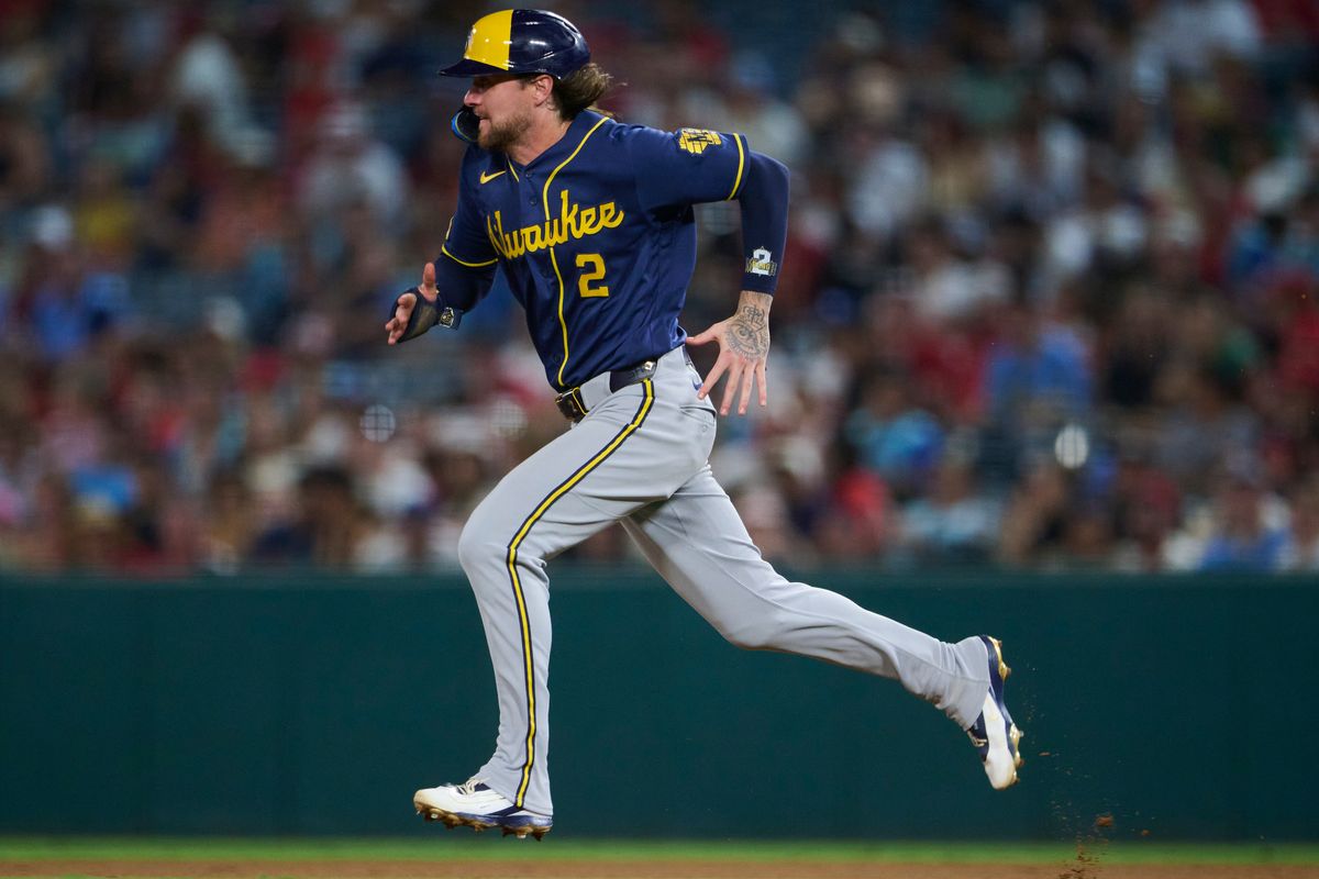 The Milwaukee Brewers Brice Turang #2 runs to second during an MLB game against The Los Angeles Angels on July 31st, 2026 at Angel Stadium in Anaheim, California. The Milwaukee Brewers Brice Turang #2 runs to second during an MLB game against The Los Angeles Angels on July 31st, 2026 at Angel Stadium in Anaheim, California.
