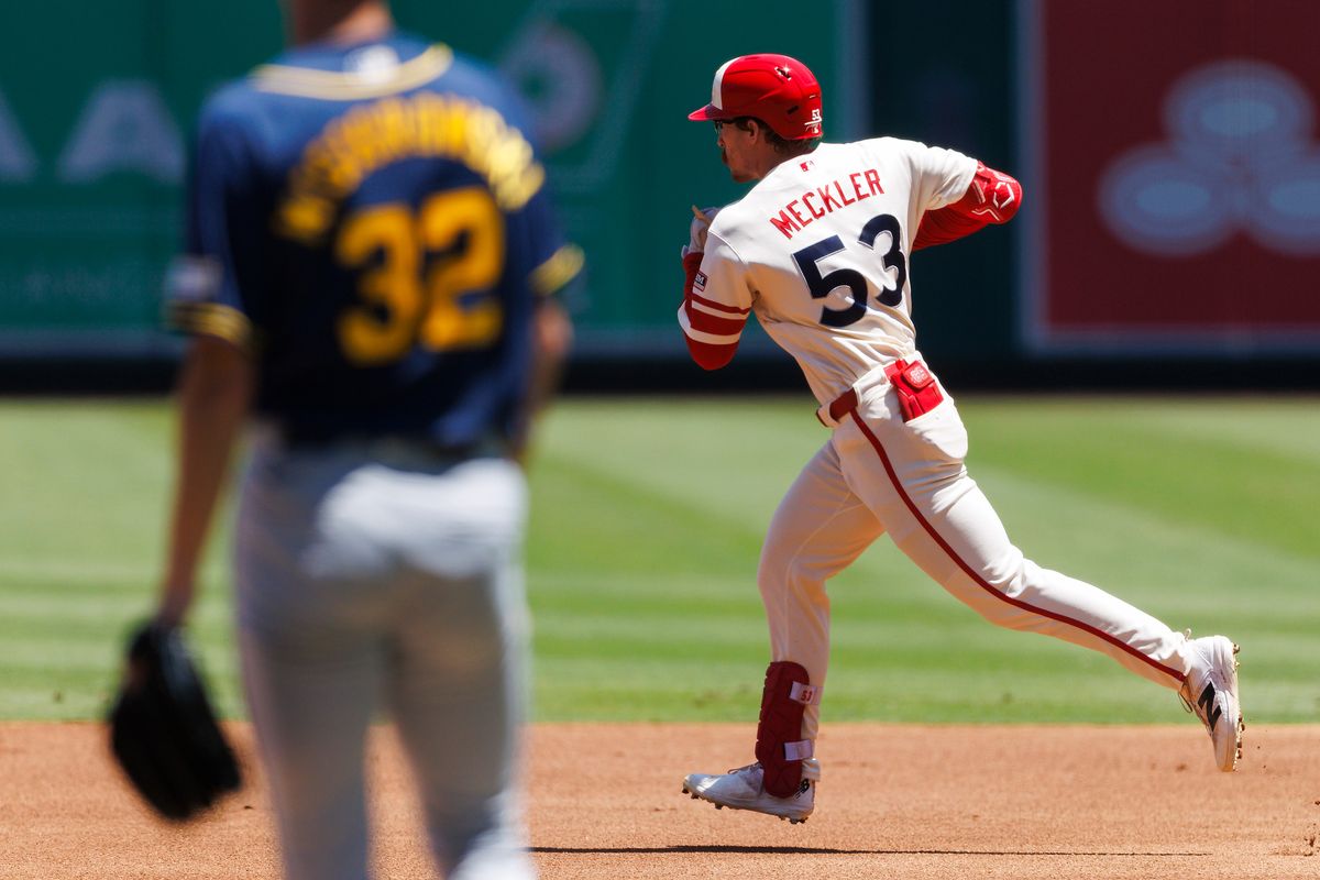 Wade Meckler #53 of the Los Angeles Angels celebrates his home run against Jacob Misiorowski #32 of the Milwaukee Brewers during the game at Angel Stadium of Anaheim on August 2, 2026 in Anaheim, California. Wade Meckler #53 of the Los Angeles Angels celebrates his home run against Jacob Misiorowski #32 of the Milwaukee Brewers during the game at Angel Stadium of Anaheim on August 2, 2026 in Anaheim, California.