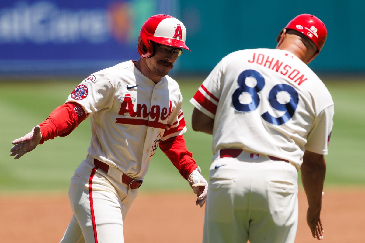 Wade Meckler #53 of the Los Angeles Angels celebrates his home run with Keith Johnson #89 of the Los Angeles Angels during the game against the Milwaukee Brewers at Angel Stadium of Anaheim on August 2, 2026 in Anaheim, California. Wade Meckler #53 of the Los Angeles Angels celebrates his home run with Keith Johnson #89 of the Los Angeles Angels during the game against the Milwaukee Brewers at Angel Stadium of Anaheim on August 2, 2026 in Anaheim, California.