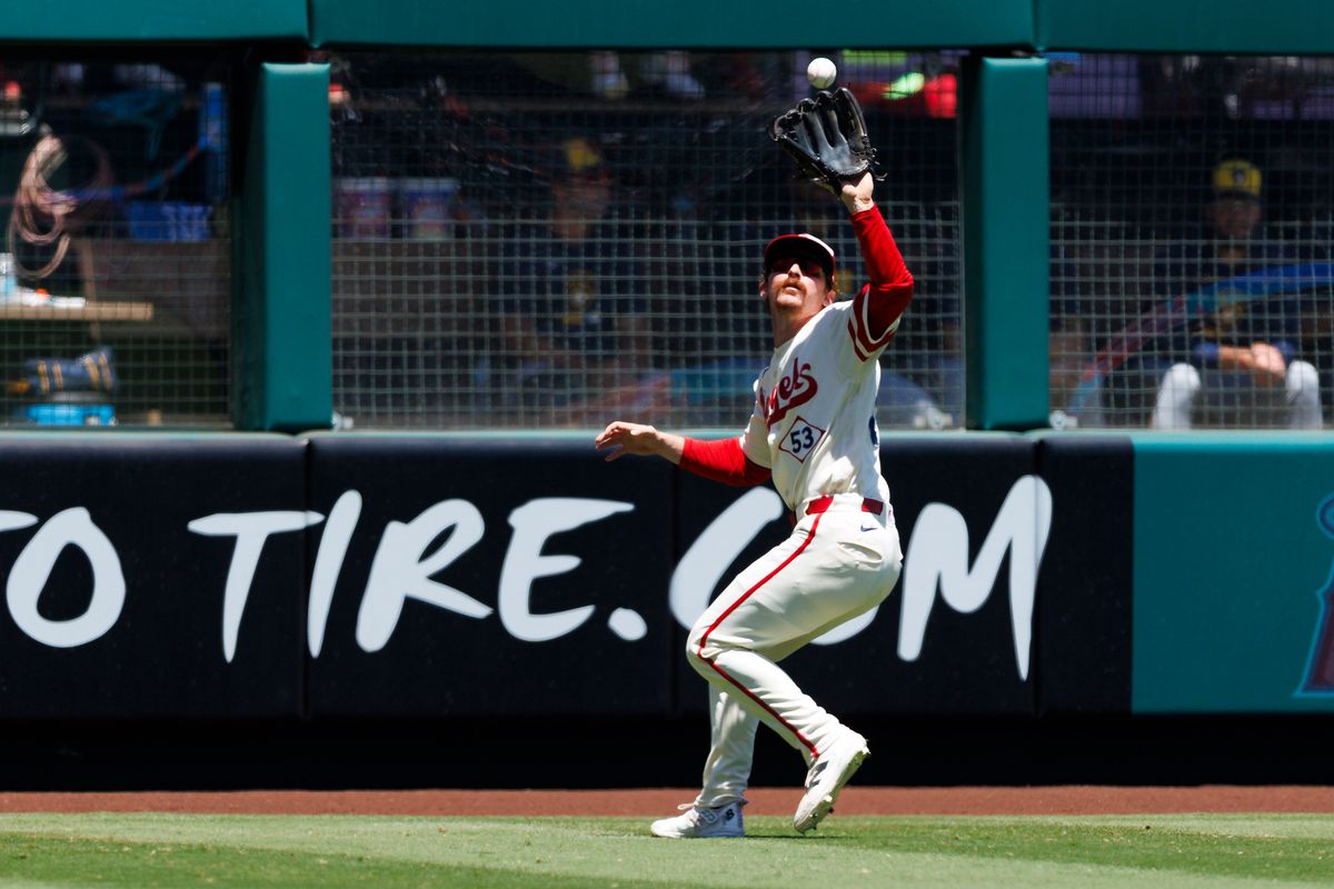 Wade Meckler #53 of the Los Angeles Angels catches a fly ball during the game against the Los Angeles Angels at Angel Stadium of Anaheim on August 2, 2026 in Anaheim, California. Wade Meckler #53 of the Los Angeles Angels catches a fly ball during the game against the Los Angeles Angels at Angel Stadium of Anaheim on August 2, 2026 in Anaheim, California.