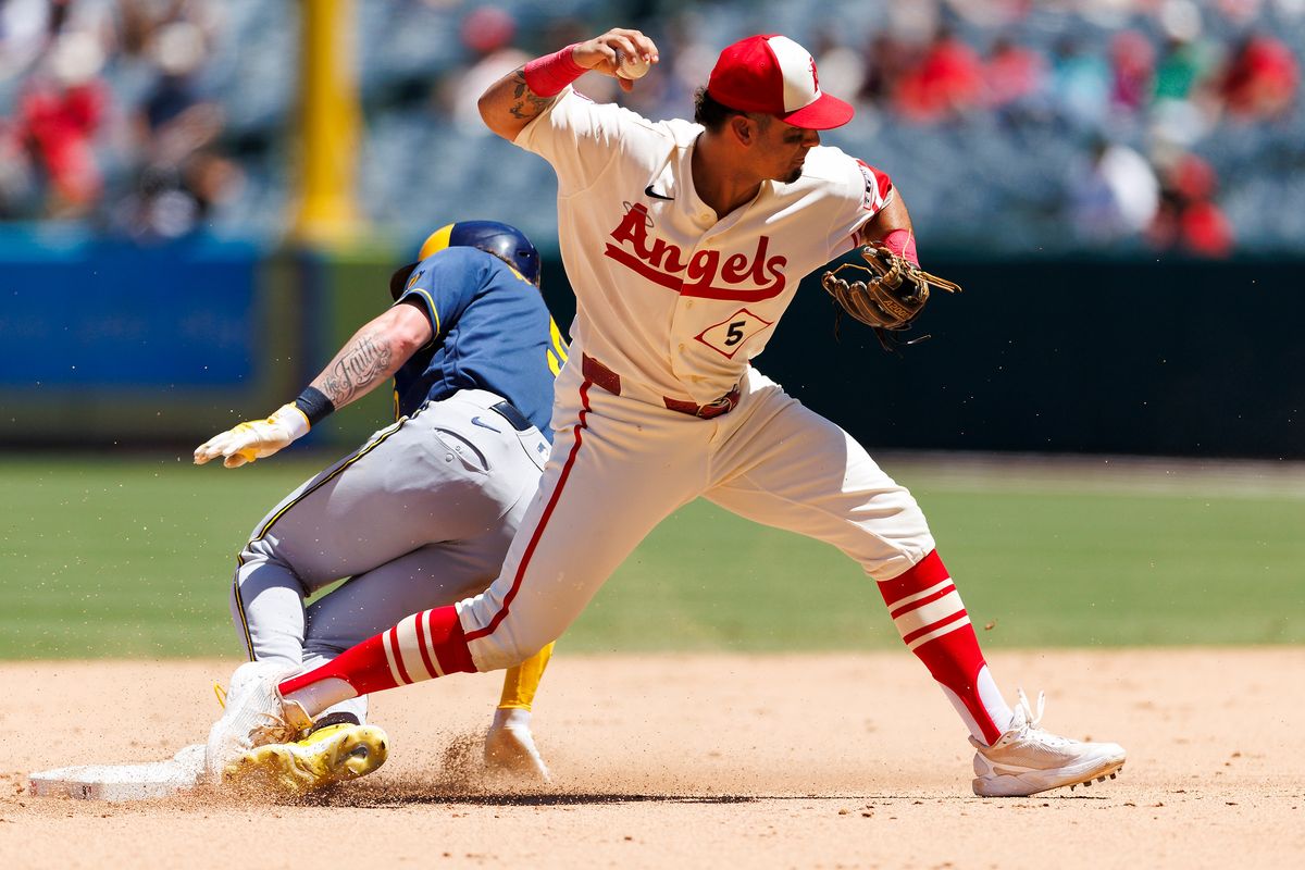 Vaughn Grissom #5 of the Los Angeles Angels throws to first base during the game against the Milwaukee Brewers at Angel Stadium of Anaheim on August 2, 2026 in Anaheim, California. Vaughn Grissom #5 of the Los Angeles Angels throws to first base during the game against the Milwaukee Brewers at Angel Stadium of Anaheim on August 2, 2026 in Anaheim, California.