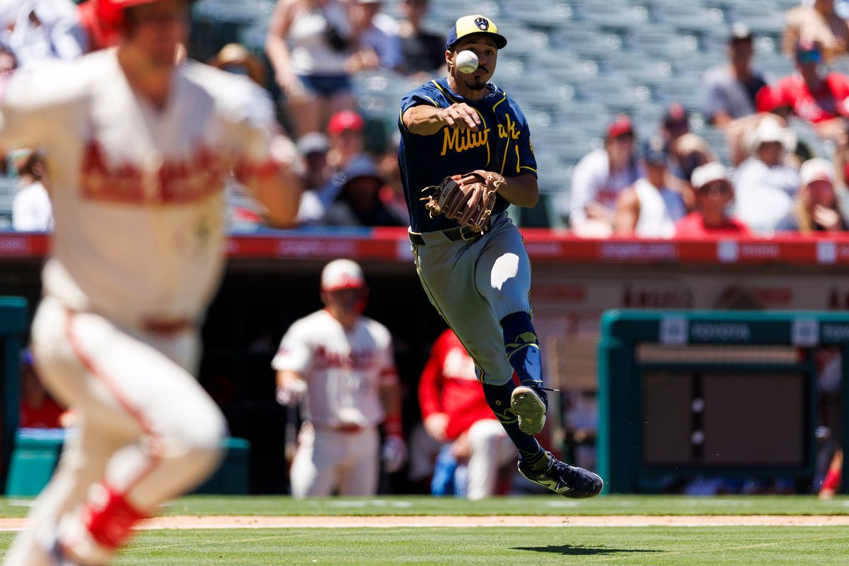David Hamilton #6 of the Milwaukee Brewers throws on the run during the game against the Los Angeles Angels at Angel Stadium of Anaheim on August 2, 2026 in Anaheim, California. David Hamilton #6 of the Milwaukee Brewers throws on the run during the game against the Los Angeles Angels at Angel Stadium of Anaheim on August 2, 2026 in Anaheim, California.