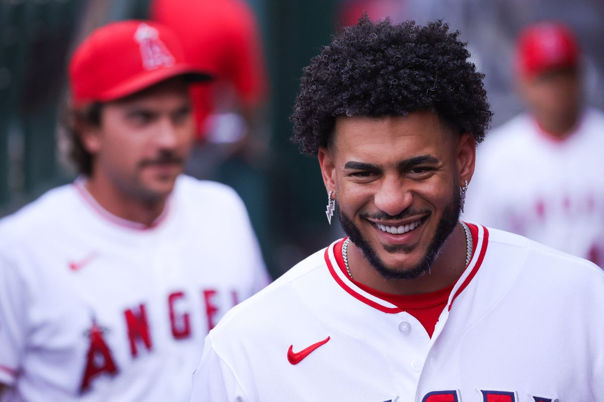 Los Angeles Angels outfielder Jose Siri (28) smiles in the dugout during the MLB game against the Texas Rangers Monday August 10th, 2026 at Angel Stadium in Anaheim, Calif. Los Angeles Angels outfielder Jose Siri (28) smiles in the dugout during the MLB game against the Texas Rangers Monday August 10th, 2026 at Angel Stadium in Anaheim, Calif.