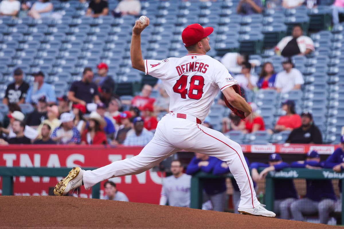 Los Angeles Angels left-handed pitcher Reid Detmers (48) pitches during the MLB game against the Texas Rangers Monday August 10th, 2026 at Angel Stadium in Anaheim, Calif.