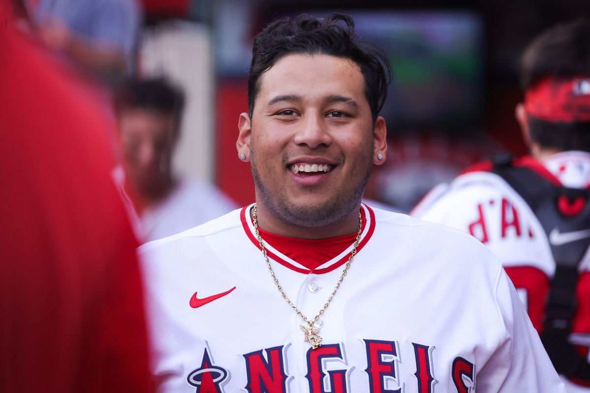 Los Angeles Angels catcher Moisés Ballesteros (13) smiles in the dugout during the MLB game against the Texas Rangers Monday August 10th, 2026 at Angel Stadium in Anaheim, Calif. Los Angeles Angels catcher Moisés Ballesteros (13) smiles in the dugout during the MLB game against the Texas Rangers Monday August 10th, 2026 at Angel Stadium in Anaheim, Calif.