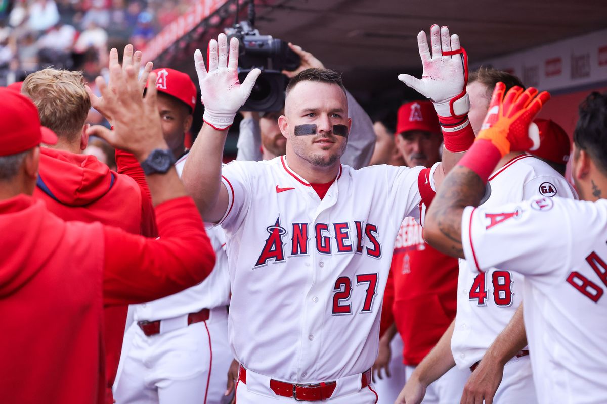 Los Angeles Angels outfielder Mike Trout (27) celebrates in the dugout after hitting a home run during the MLB game against the Texas Rangers Monday August 10th, 2026 at Angel Stadium in Anaheim, Calif. Los Angeles Angels outfielder Mike Trout (27) celebrates in the dugout after hitting a home run during the MLB game against the Texas Rangers Monday August 10th, 2026 at Angel Stadium in Anaheim, Calif.