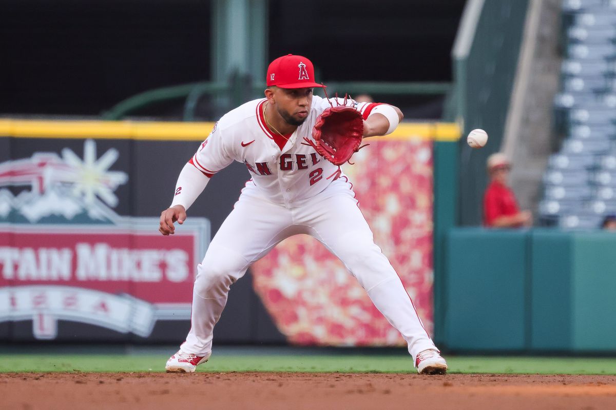 Los Angeles Angels infielder Oswald Peraza (2) catches the ball during the MLB game against the Texas Rangers Monday August 10th, 2026 at Angel Stadium in Anaheim, Calif. Los Angeles Angels infielder Oswald Peraza (2) catches the ball during the MLB game against the Texas Rangers Monday August 10th, 2026 at Angel Stadium in Anaheim, Calif.