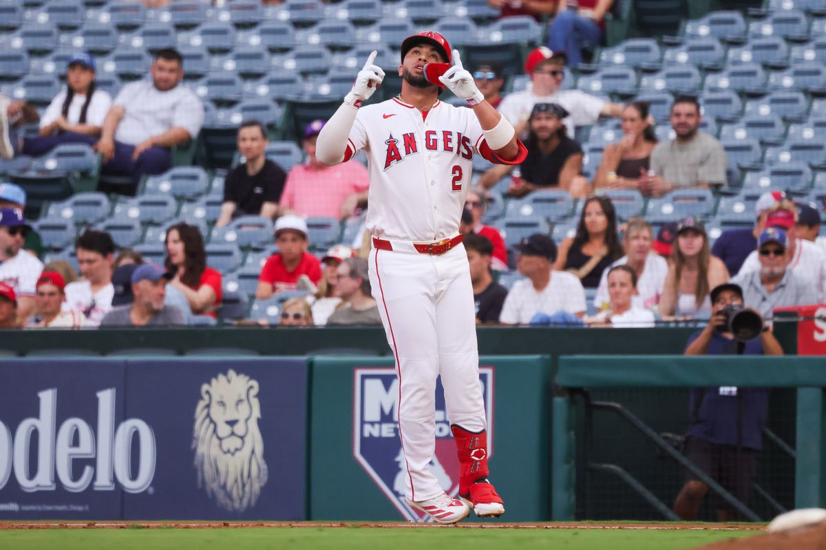 Los Angeles Angels infielder Oswald Peraza (2) celebrates at first base the ball during the MLB game against the Texas Rangers Monday August 10th, 2026 at Angel Stadium in Anaheim, Calif. Los Angeles Angels infielder Oswald Peraza (2) celebrates at first base the ball during the MLB game against the Texas Rangers Monday August 10th, 2026 at Angel Stadium in Anaheim, Calif.