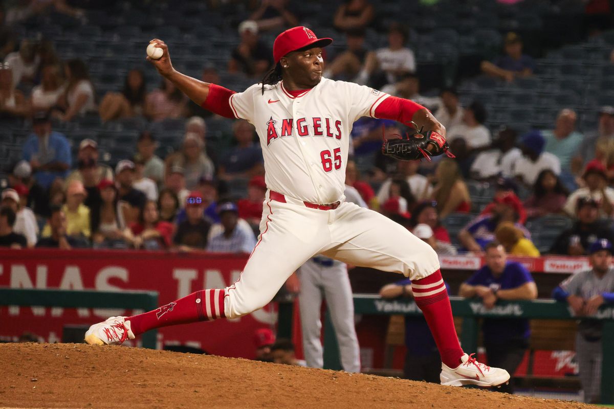 Los Angeles Angels right-handed pitcher José Fermin (65) pitches during the MLB game against the Texas Rangers Monday August 10th, 2026 at Angel Stadium in Anaheim, Calif. Los Angeles Angels right-handed pitcher José Fermin (65) pitches during the MLB game against the Texas Rangers Monday August 10th, 2026 at Angel Stadium in Anaheim, Calif.