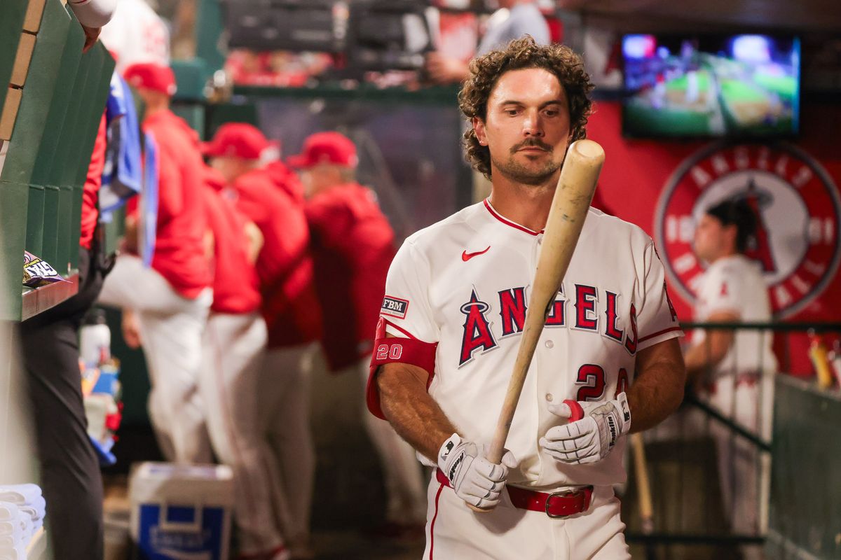Los Angeles Angels infielder Adam Frazier (20) in the dugout during the MLB game against the Texas Rangers Monday August 10th, 2026 at Angel Stadium in Anaheim, Calif. Los Angeles Angels infielder Adam Frazier (20) in the dugout during the MLB game against the Texas Rangers Monday August 10th, 2026 at Angel Stadium in Anaheim, Calif.