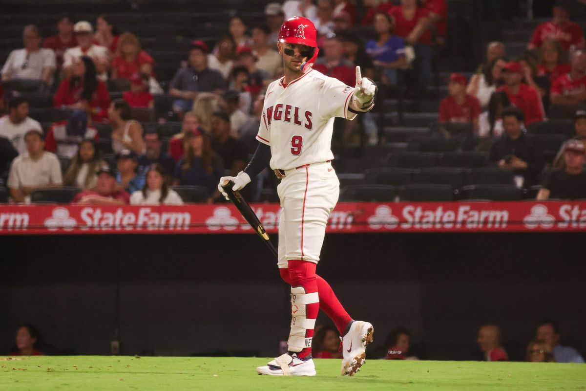 Los Angeles Angels infielder Zach Neto (9) points to the dugout during the MLB game against the Texas Rangers Monday August 10th, 2026 at Angel Stadium in Anaheim, Calif. Los Angeles Angels infielder Zach Neto (9) points to the dugout during the MLB game against the Texas Rangers Monday August 10th, 2026 at Angel Stadium in Anaheim, Calif.