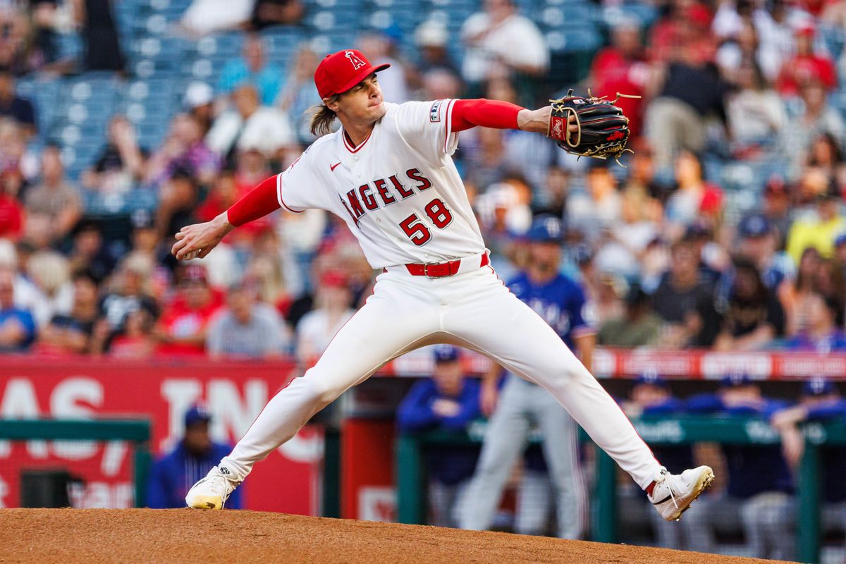 George Klassen #58 of the Los Angeles Angels throws a pitch during an MLB game against the Texas Rangers on August 12, 2026 at Angel Stadium in Anaheim, California.