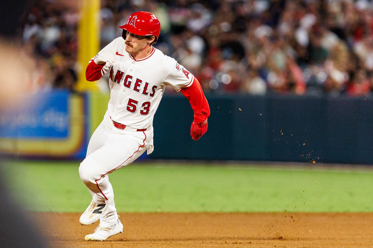 Wade Meckler #53 of the Los Angeles Angels sprints to second base during an MLB game against the Texas Rangers on August 12, 2026 at Angel Stadium in Anaheim, California.