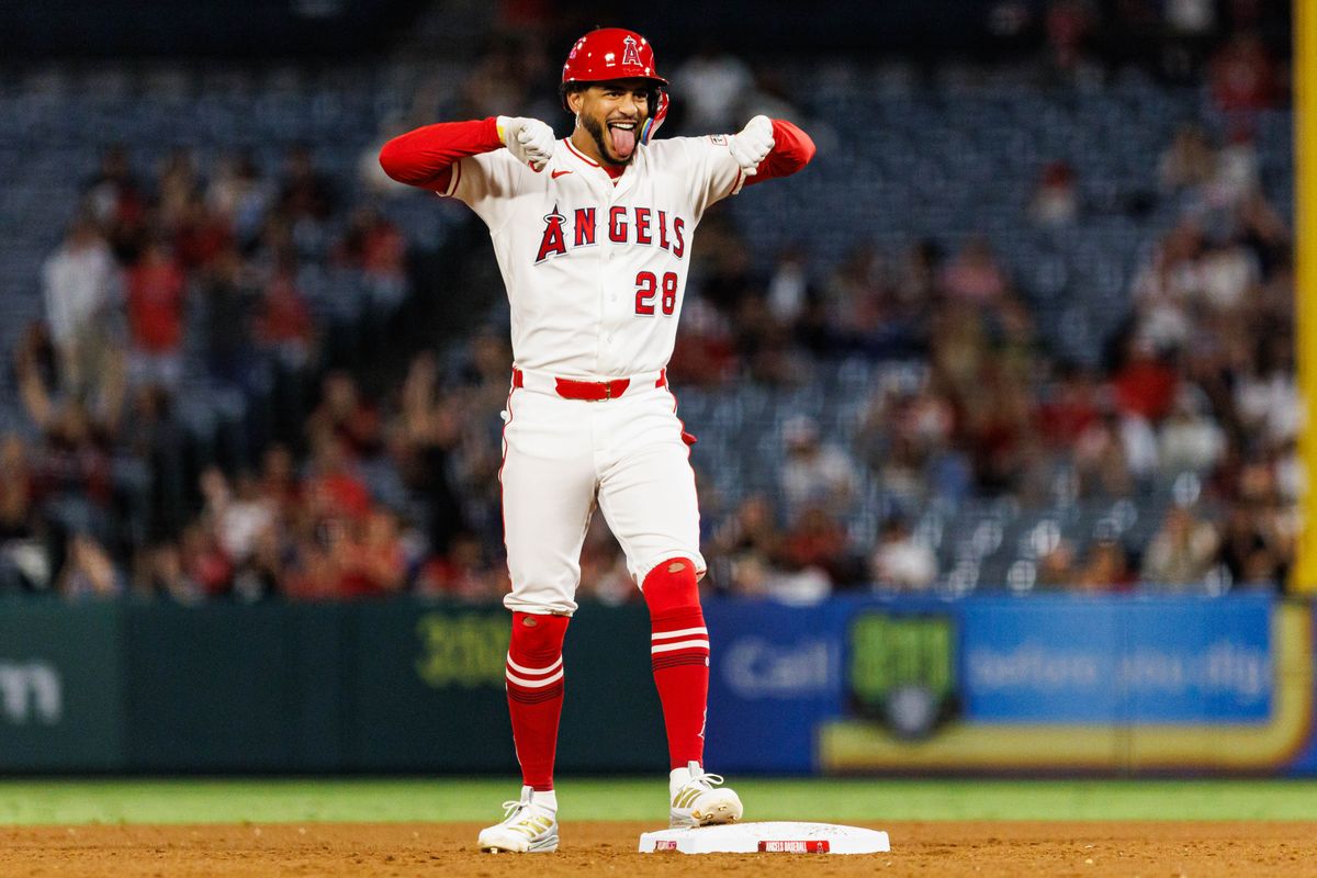 Jose Siri #28 of the Los Angeles Angels celebrates after hitting an RBI double during an MLB game against the Texas Rangers on August 12, 2026 at Angel Stadium in Anaheim, California. Jose Siri #28 of the Los Angeles Angels celebrates after hitting an RBI double during an MLB game against the Texas Rangers on August 12, 2026 at Angel Stadium in Anaheim, California.