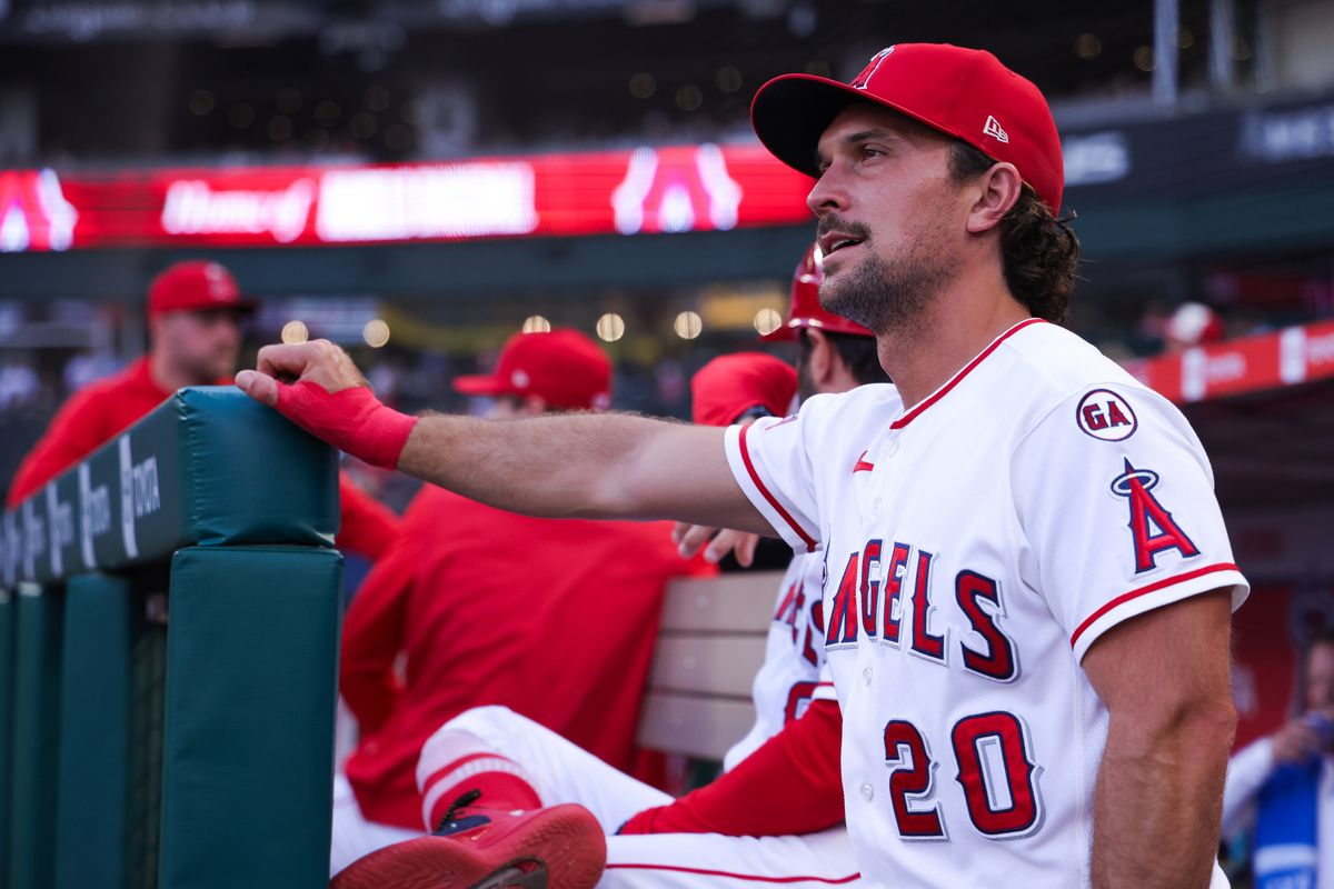 Los Angeles Angels infielder Adam Frazier (20) in the dugout before the MLB game against the Texas Rangers Thursday August 13th, 2026 at Angel Stadium in Anaheim, Calif. Los Angeles Angels infielder Adam Frazier (20) in the dugout before the MLB game against the Texas Rangers Thursday August 13th, 2026 at Angel Stadium in Anaheim, Calif.