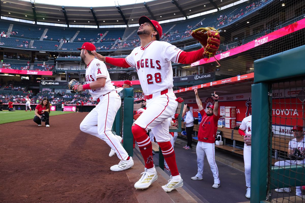 Los Angeles Angels outfielder Jose Siri (28) looks to the sky during the MLB game against the Texas Rangers Thursday August 13th, 2026 at Angel Stadium in Anaheim, Calif. Los Angeles Angels outfielder Jose Siri (28) looks to the sky during the MLB game against the Texas Rangers Thursday August 13th, 2026 at Angel Stadium in Anaheim, Calif.