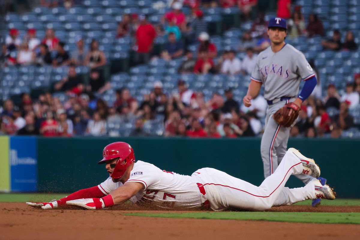 Los Angeles Angels outfielder Mike Trout (27) dives to second base during the MLB game against the Texas Rangers Thursday August 13th, 2026 at Angel Stadium in Anaheim, Calif. Los Angeles Angels outfielder Mike Trout (27) dives to second base during the MLB game against the Texas Rangers Thursday August 13th, 2026 at Angel Stadium in Anaheim, Calif.