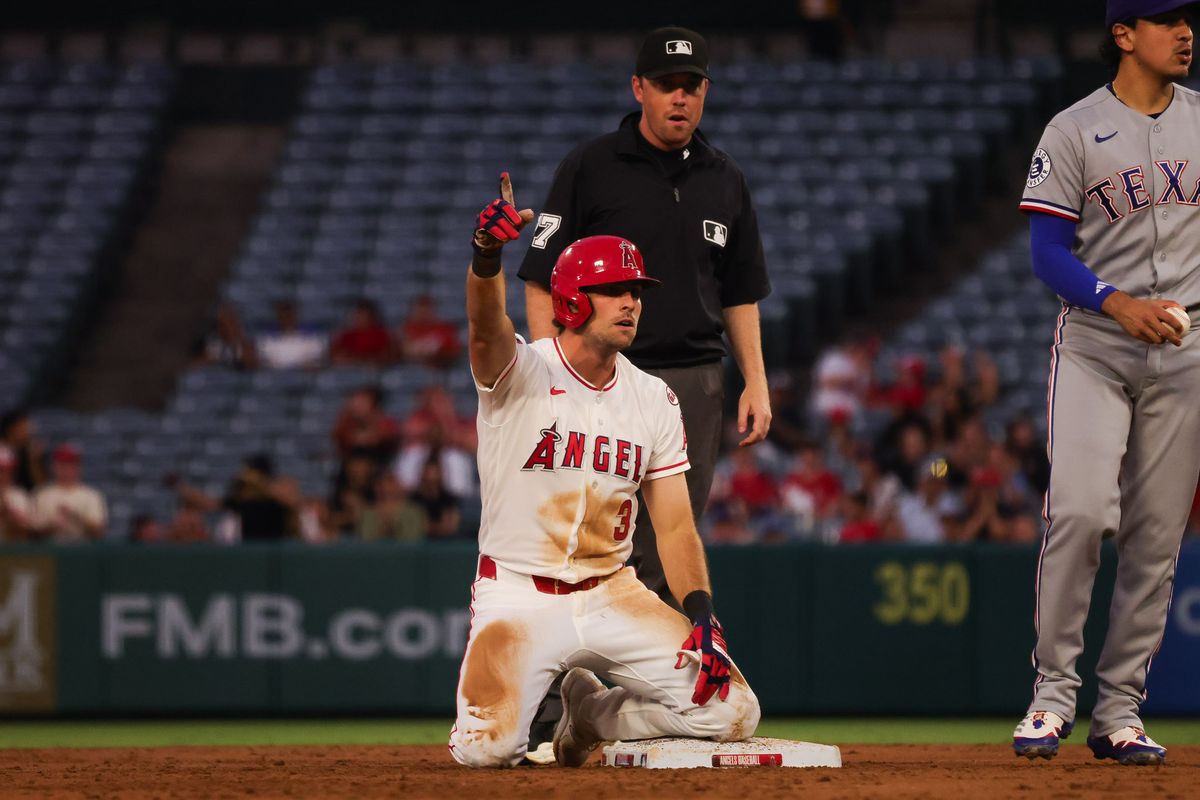 Los Angeles Angels outfielder Josh Lowe (3) celebrates at second base during the MLB game against the Texas Rangers Thursday August 13th, 2026 at Angel Stadium in Anaheim, Calif. Los Angeles Angels outfielder Josh Lowe (3) celebrates at second base during the MLB game against the Texas Rangers Thursday August 13th, 2026 at Angel Stadium in Anaheim, Calif.