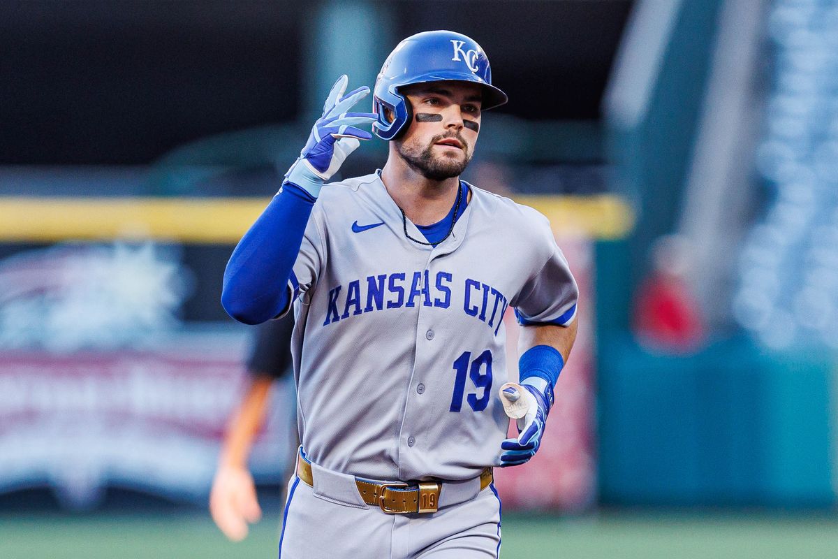 Michael Massey #19 of the Kansas City Royals runs the bases after hitting a home run during an MLB game against the Los Angeles Angels on August 14, 2026 at Angel Stadium in Anaheim, California.