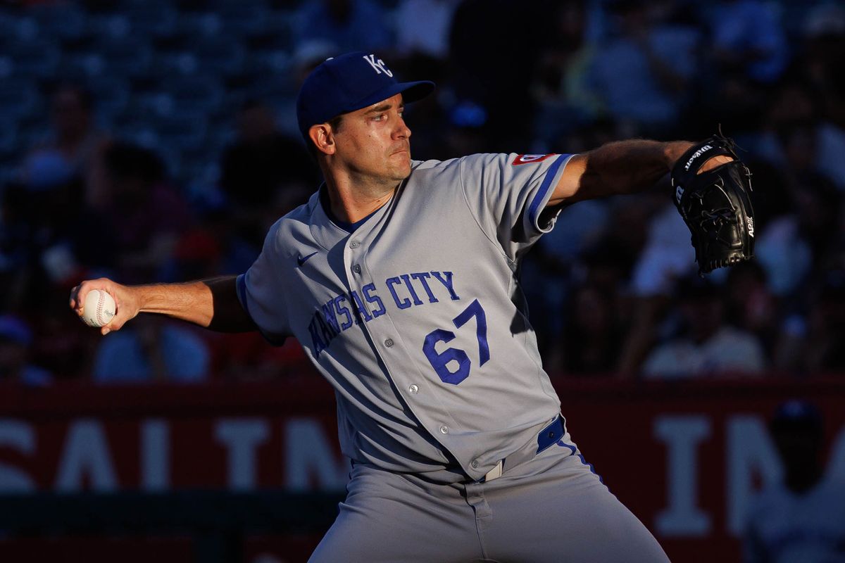 Seth Lugo #67 of the Kansas City Royals pitches during an MLB game against the Los Angeles Angels on August 14, 2026 at Angel Stadium in Anaheim, California.