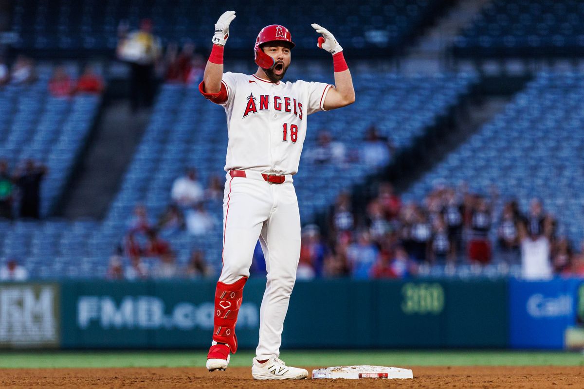 Nolan Schanuel #18 of the Los Angeles Angels celebrates after hitting a base clearing 3 RBI double during an MLB game against the Kansas City Royals on August 14, 2026 at Angel Stadium in Anaheim, California.