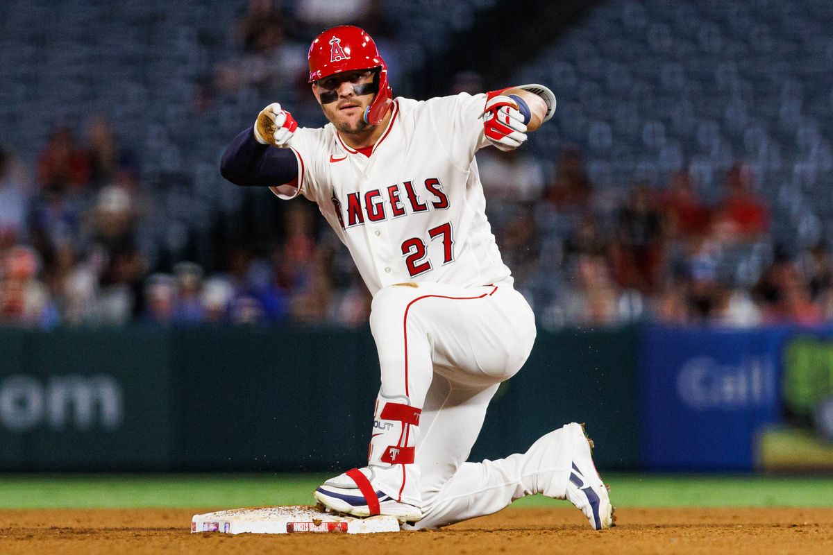 Mike Trout #27 of the Los Angeles Angels celebrates after hitting a double during an MLB game against the Kansas City Royals on August 14, 2026 at Angel Stadium in Anaheim, California.