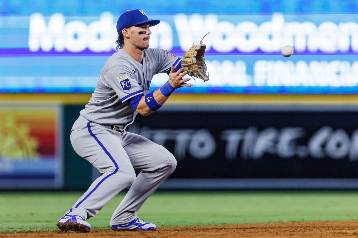 Bobby Witt Jr. #7 of the Kansas City Royals catches a line drive during an MLB game against the Los Angeles Angels on August 14, 2026 at Angel Stadium in Anaheim, California.