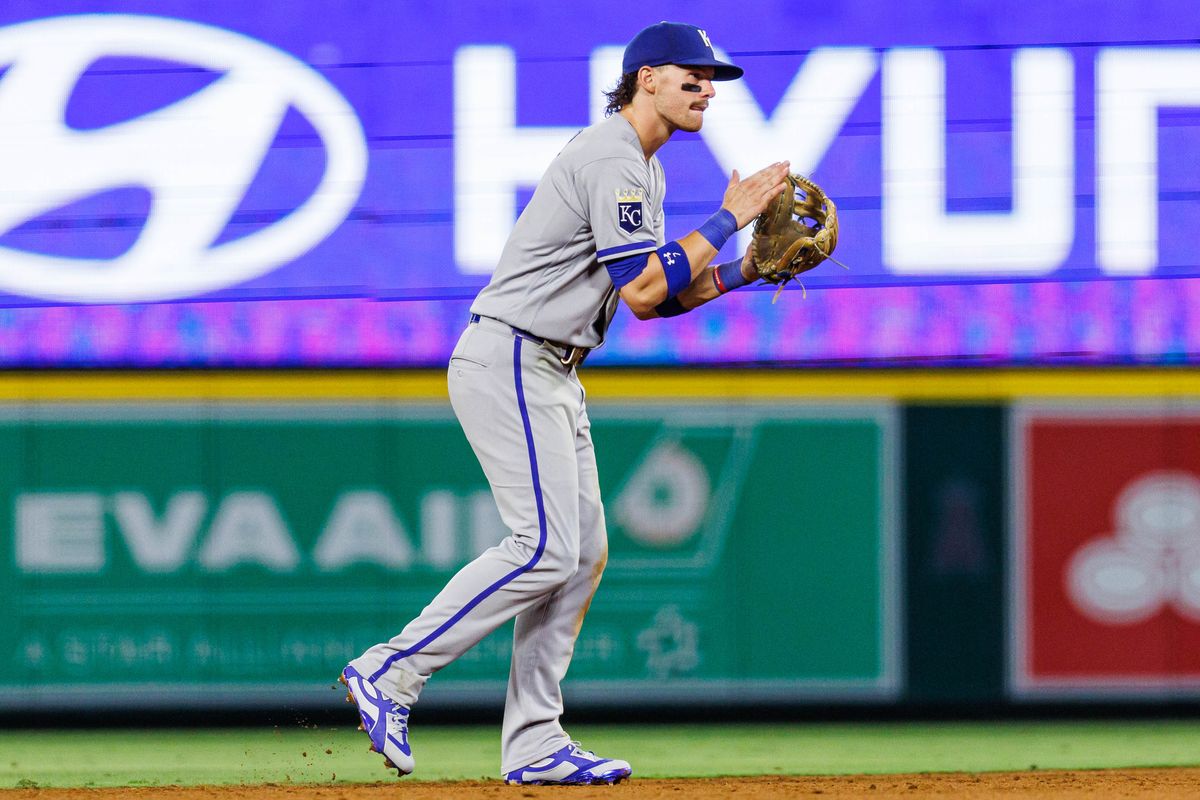 Bobby Witt Jr. #7 of the Kansas City Royals celebrates after an inning ending strikeout during an MLB game against the Los Angeles Angels on August 14, 2026 at Angel Stadium in Anaheim, California.
