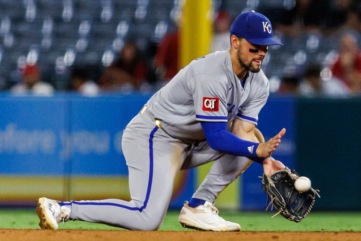 Michael Massey #19 of the Kansas City Royals fields a ground ball during an MLB game against the Los Angeles Angels on August 14, 2026 at Angel Stadium in Anaheim, California.