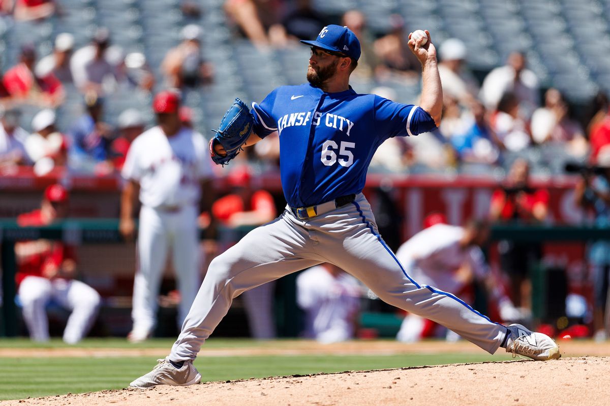 Noah Cameron #65 of the Kansas City Royals pitches during the game against the Los Angeles Angels at Angel Stadium of Anaheim on August 16, 2026 in Anaheim, California.