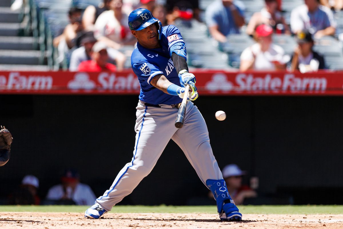 Salvador Perez #13 of the Kansas City Royals hits during the game against the Los Angeles Angels at Angel Stadium of Anaheim on August 16, 2026 in Anaheim, California.