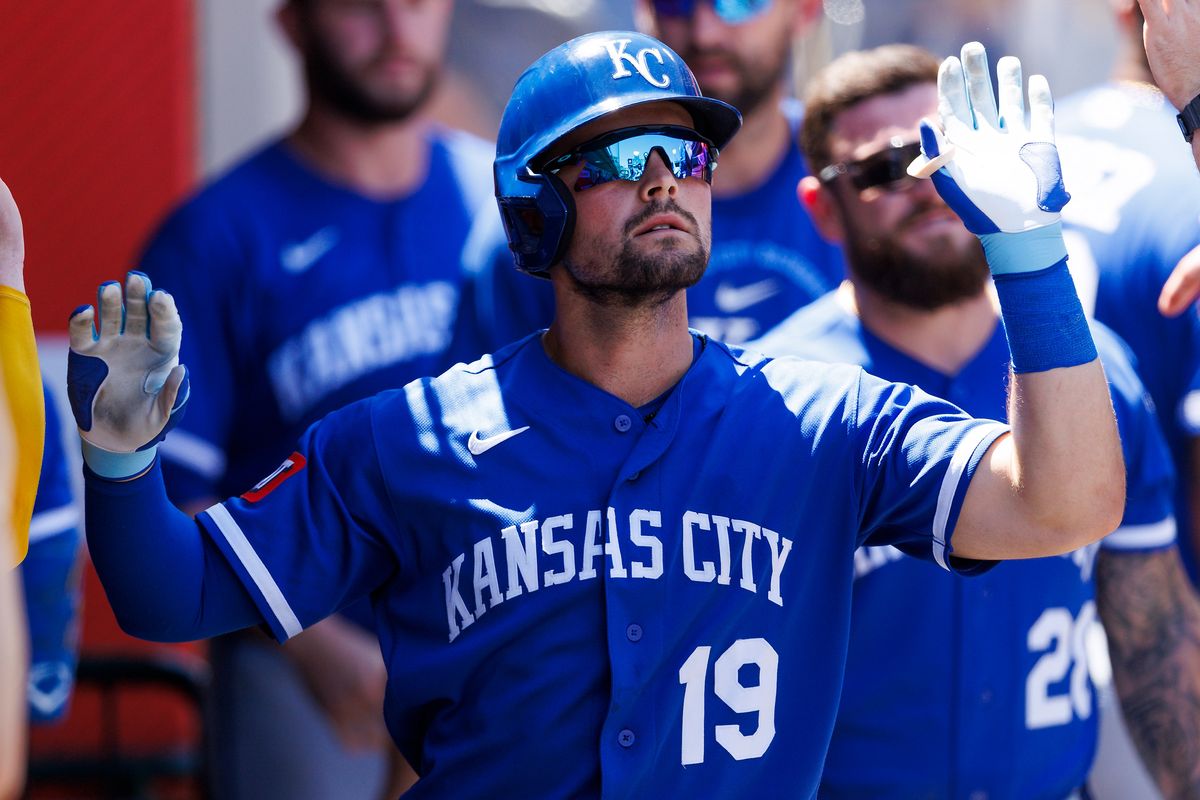 Michael Massey #19 of the Kansas City Royals celebrates a home run with teammates in the dugout during the game against the Los Angeles Angels at Angel Stadium of Anaheim on August 16, 2026 in Anaheim, California.