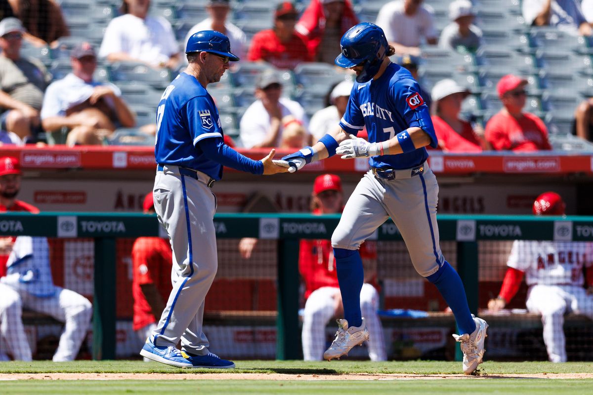 Bobby Witt Jr. #7 of the Kansas City Royals celebrates a home run during the game against the Los Angeles Angels at Angel Stadium of Anaheim on August 16, 2026 in Anaheim, California. 