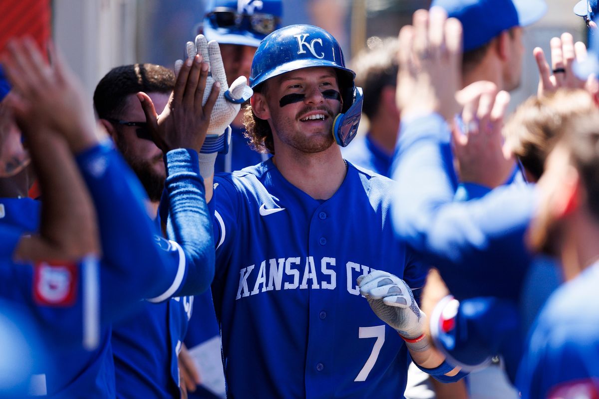Bobby Witt Jr. #7 of the Kansas City Royals celebrates a home run with teammates in the dugout during the game against the Los Angeles Angels at Angel Stadium of Anaheim on August 16, 2026 in Anaheim, California. 