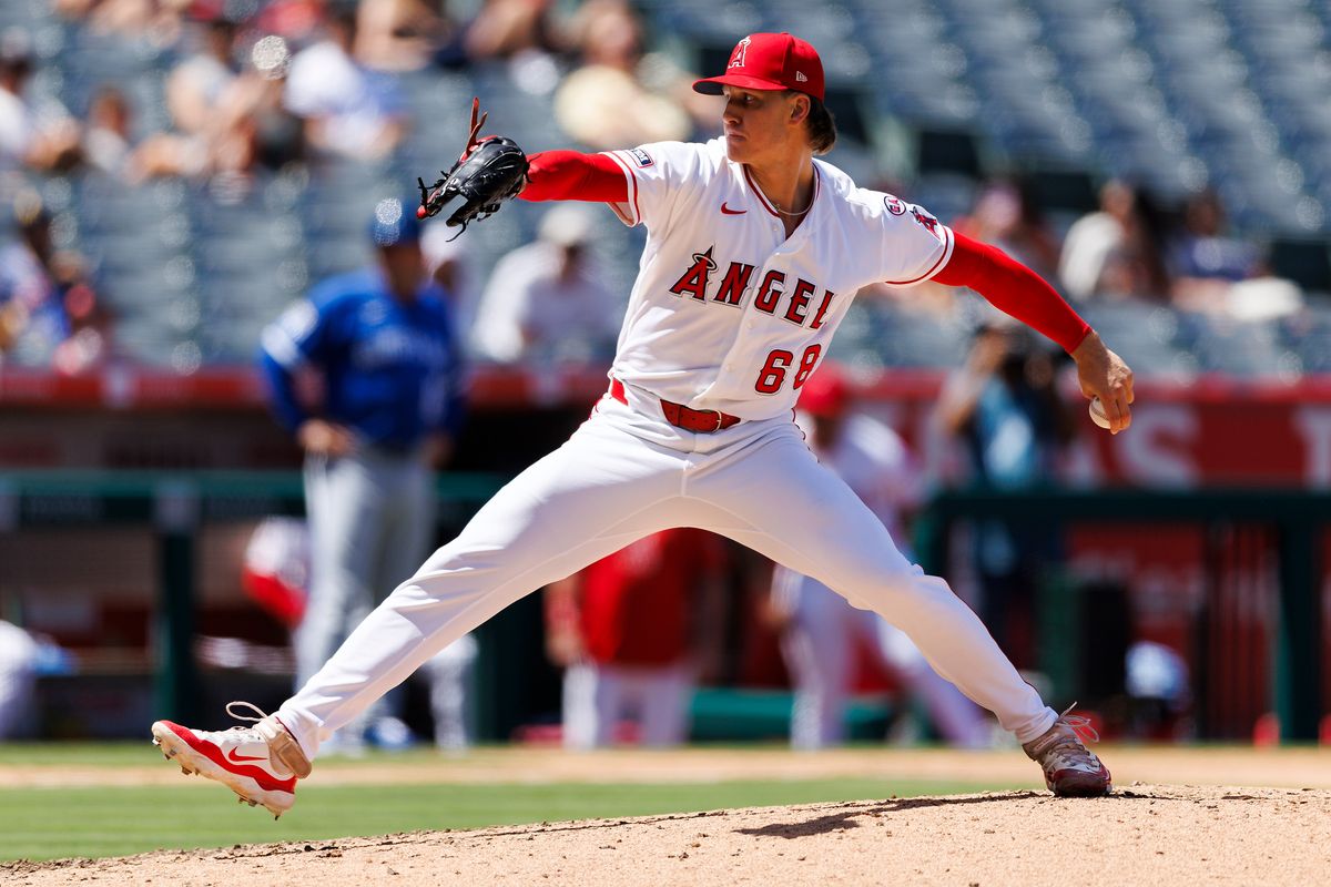 Blake Weiman #68 of the Los Angeles Angels pitches during the game against the Kansas City Royals at Angel Stadium of Anaheim on August 16, 2026 in Anaheim, California.