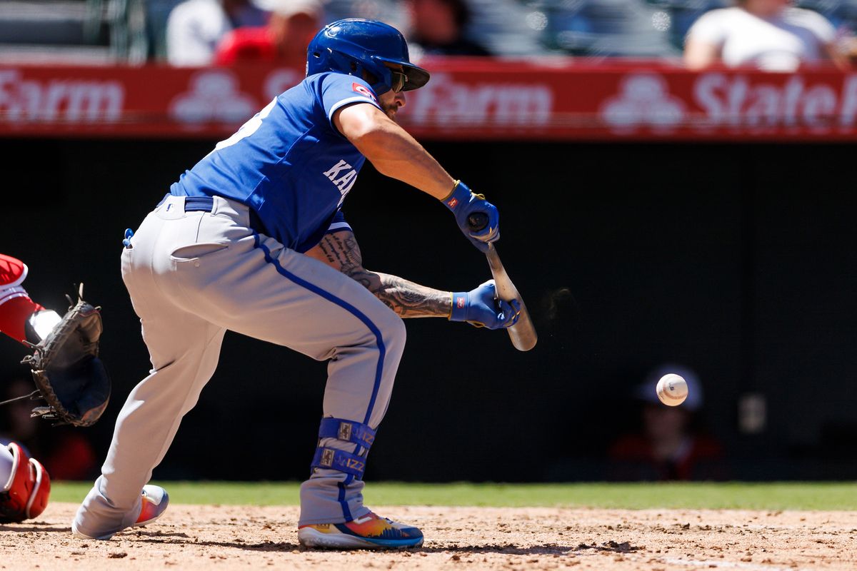 Kyle Isbel #28 of the Kansas City Royals bunts during the game against the Los Angeles Angels at Angel Stadium of Anaheim on August 16, 2026 in Anaheim, California. 