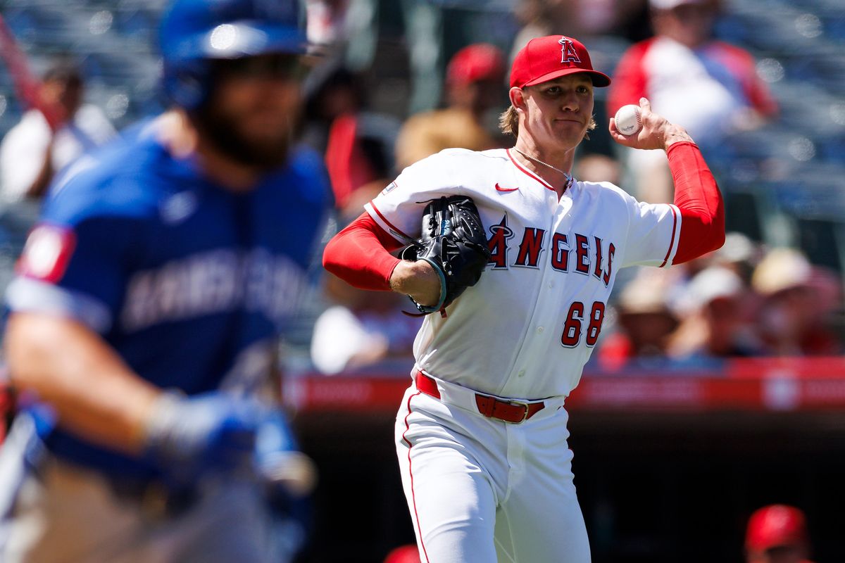 Blake Weiman #68 of the Los Angeles Angels throws to first base during the game against the Kansas City Royals at Angel Stadium of Anaheim on August 16, 2026 in Anaheim, California.