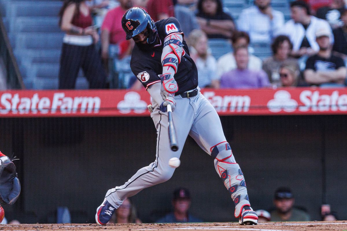 Jo Adell #7 of the Cleveland Guardians swings and misses during an MLB game against the Los Angeles Angels on August 24, 2026 at Angel Stadium in Anaheim, California.