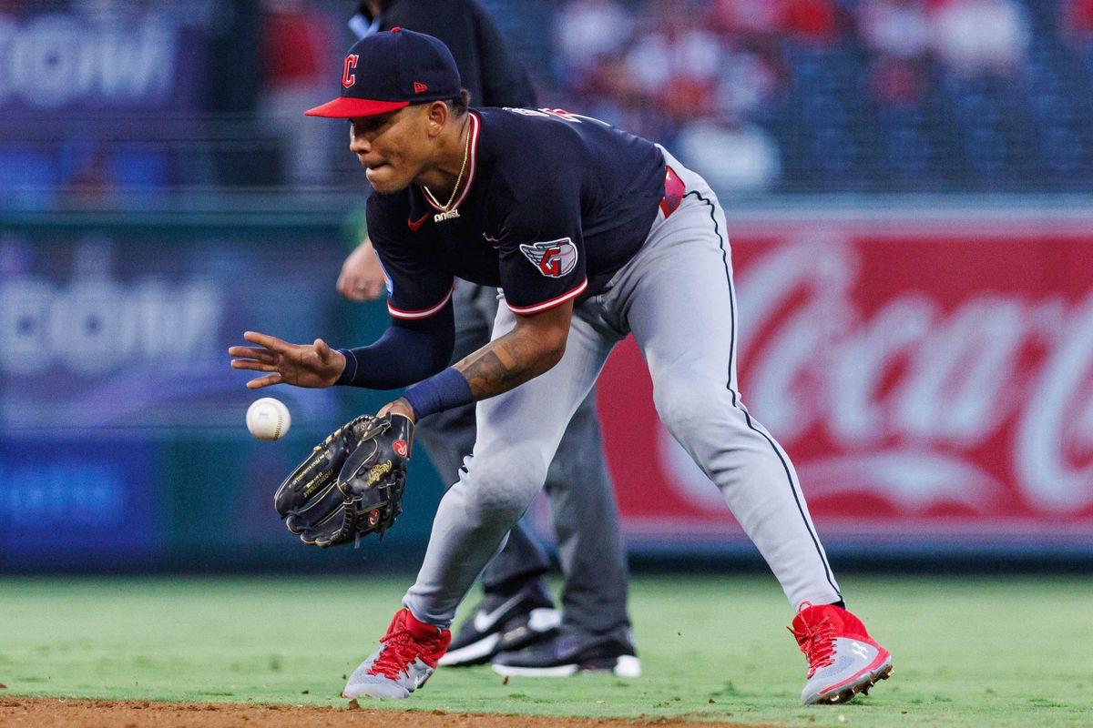 Angel Genao #17 of the Cleveland Guardians fields a ground ball during an MLB game against the Los Angeles Angels on August 24, 2026 at Angel Stadium in Anaheim, California.