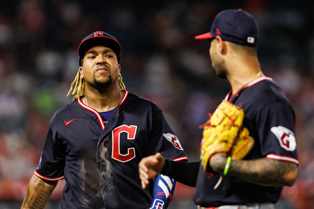José Ramírez #11 of the Cleveland Guardians walks back to the dugout during an MLB game against the Los Angeles Angels on August 24, 2026 at Angel Stadium in Anaheim, California.