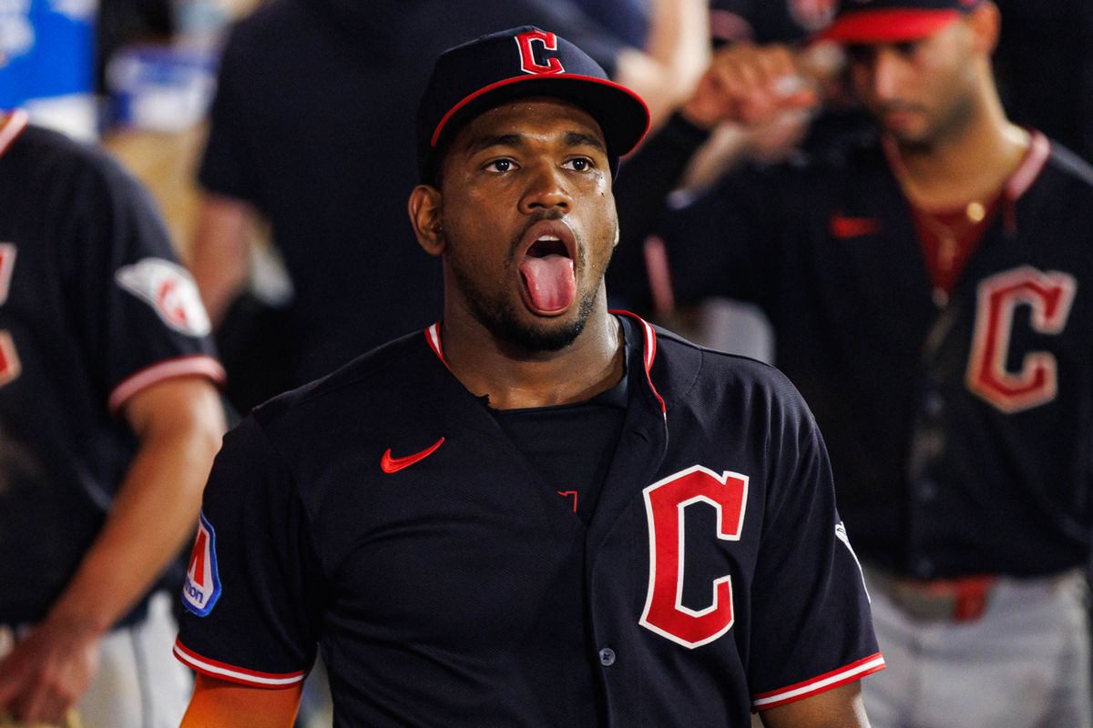 Angel Martinez #1 of the Cleveland Guardians reacts after an MLB game against the Los Angeles Angels on August 24, 2026 at Angel Stadium in Anaheim, California.
