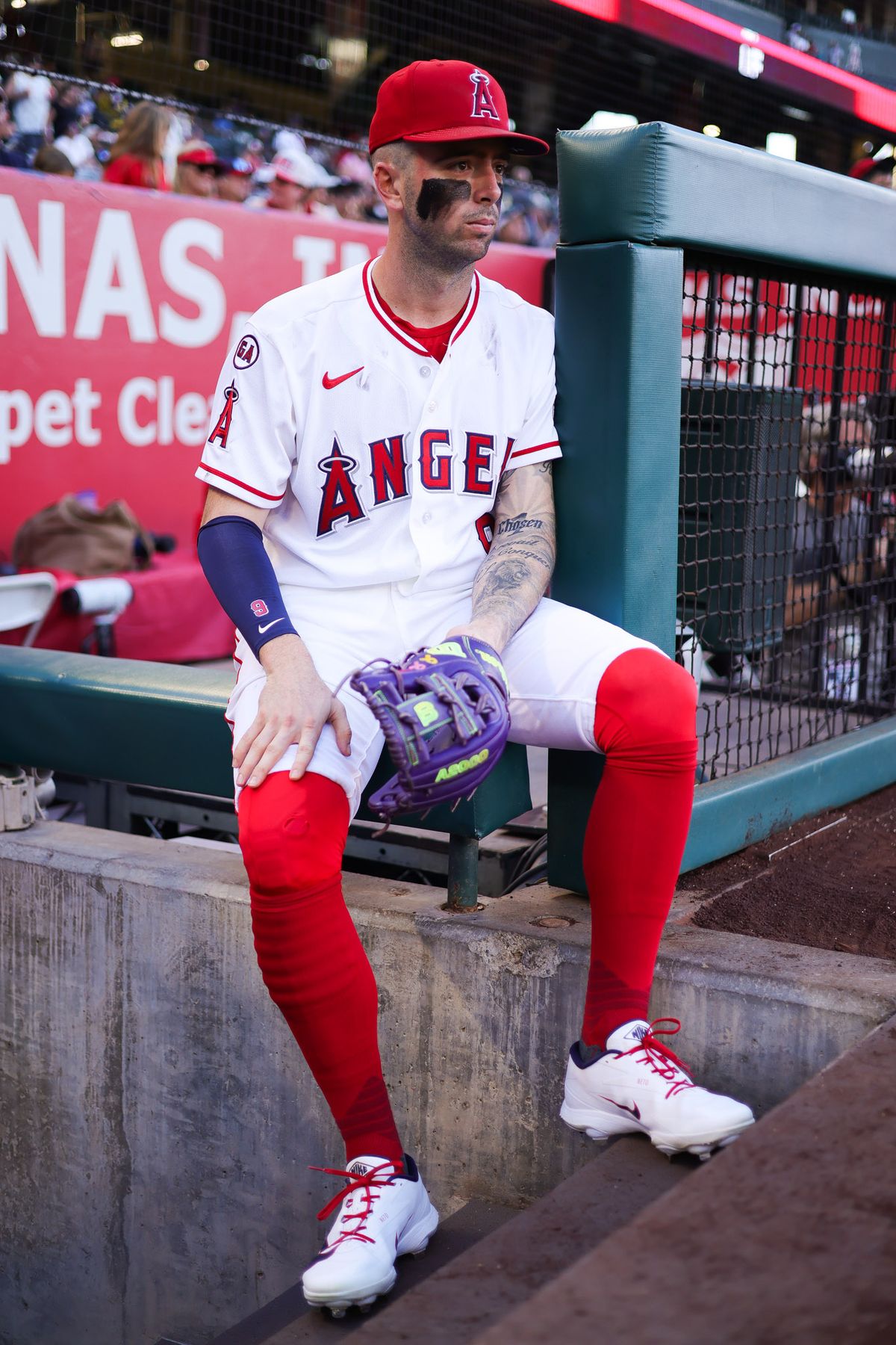 Los Angeles Angels infielder Zach Neto (9) sits in the dugout before the MLB game against the Cleveland Guardians Tuesday August 25th, 2026 at Angel Stadium in Anaheim, Calif. Los Angeles Angels infielder Zach Neto (9) sits in the dugout before the MLB game against the Cleveland Guardians Tuesday August 25th, 2026 at Angel Stadium in Anaheim, Calif.