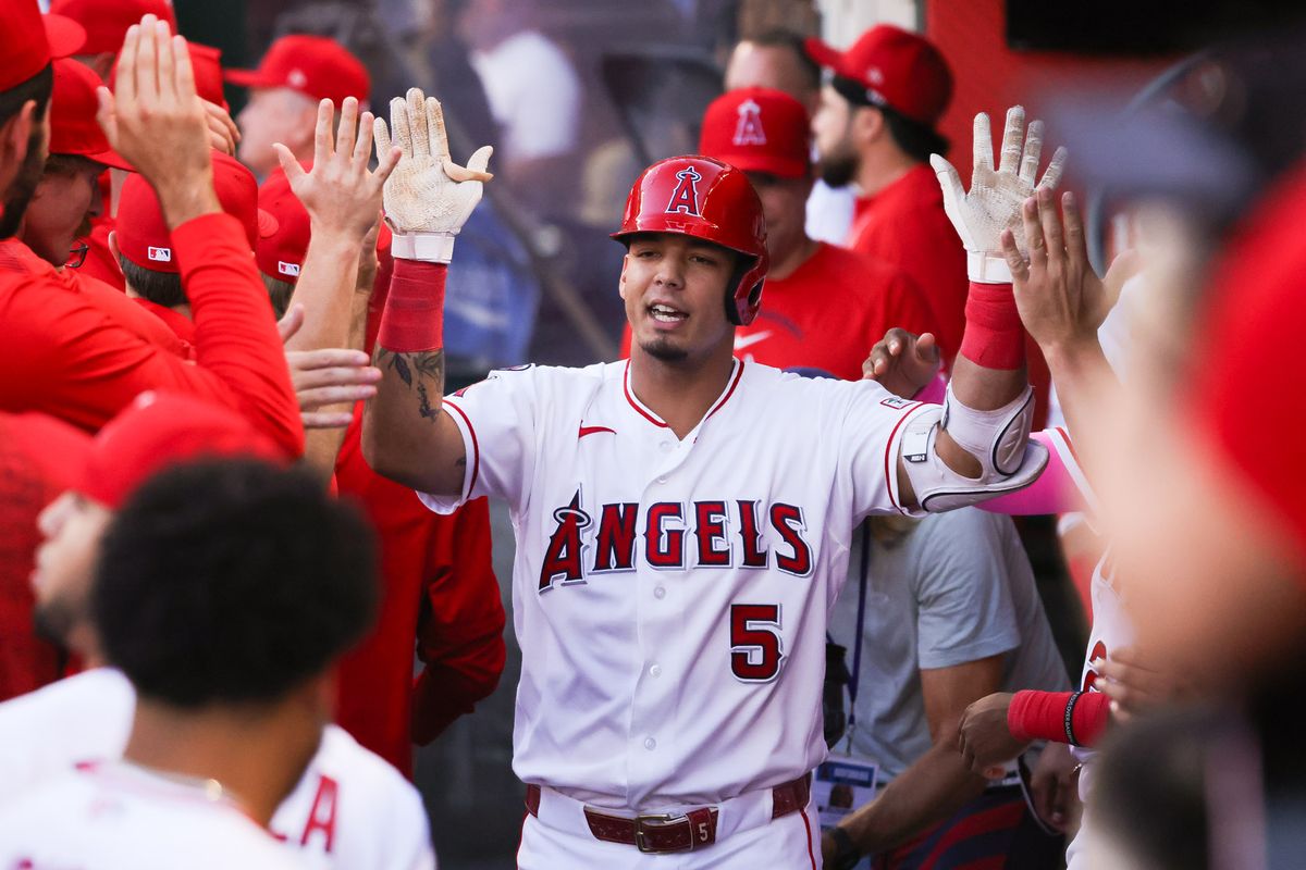 Los Angeles Angels infielder Vaughn Grissom (5) celebrates in the dugout after hitting a home run during the MLB game against the Cleveland Guardians Tuesday August 25th, 2026 at Angel Stadium in Anaheim, Calif. Los Angeles Angels infielder Vaughn Grissom (5) celebrates in the dugout after hitting a home run during the MLB game against the Cleveland Guardians Tuesday August 25th, 2026 at Angel Stadium in Anaheim, Calif.