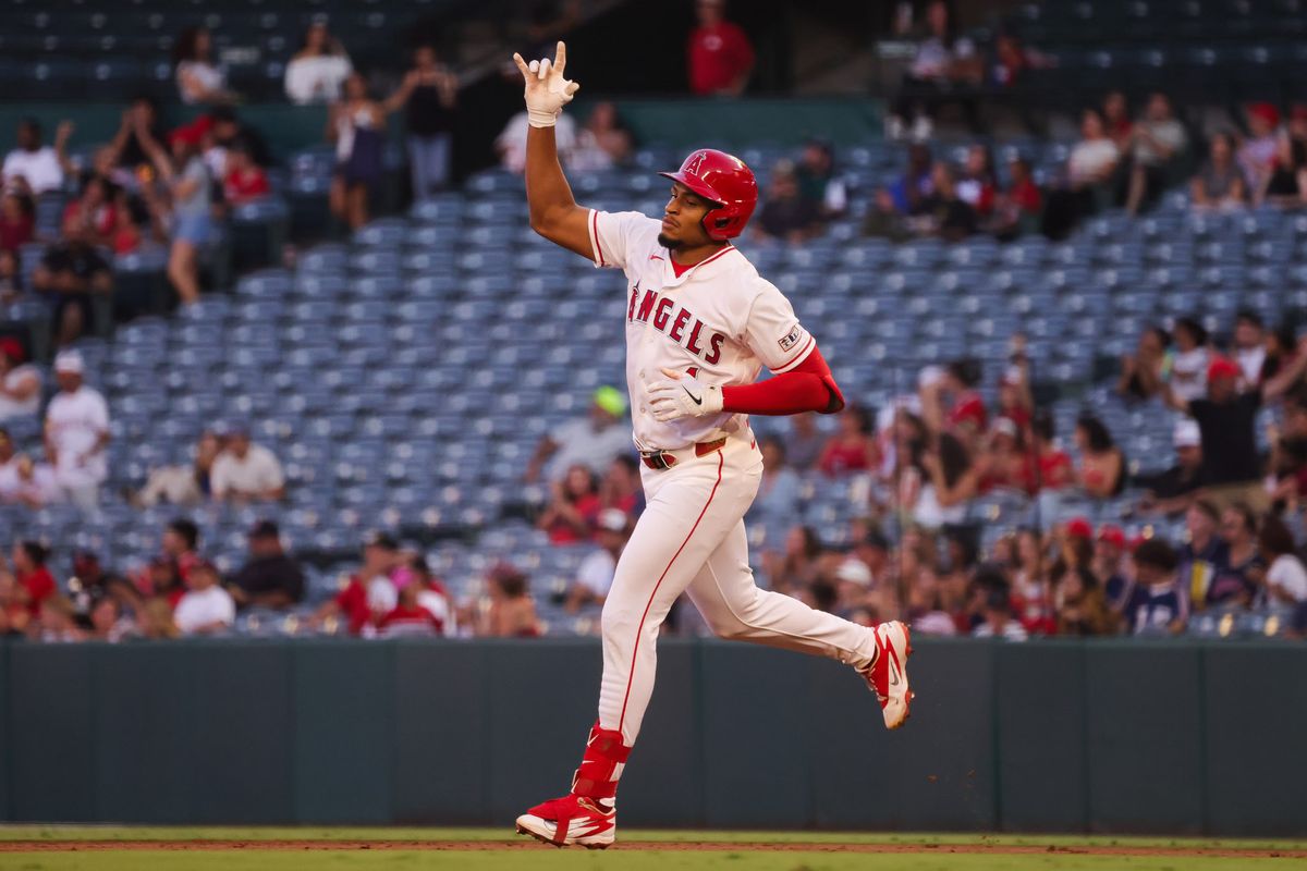Los Angeles Angels infielder Christian Moore (4) celebrates after hitting a home run during the MLB game against the Cleveland Guardians Tuesday August 25th, 2026 at Angel Stadium in Anaheim, Calif. Los Angeles Angels infielder Christian Moore (4) celebrates after hitting a home run during the MLB game against the Cleveland Guardians Tuesday August 25th, 2026 at Angel Stadium in Anaheim, Calif.