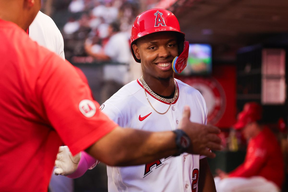 Los Angeles Angels infielder Denzer Guzman (23) celebrates in the dugout after scoring a run during the MLB game against the Cleveland Guardians Tuesday August 25th, 2026 at Angel Stadium in Anaheim, Calif. Los Angeles Angels infielder Denzer Guzman (23) celebrates in the dugout after scoring a run during the MLB game against the Cleveland Guardians Tuesday August 25th, 2026 at Angel Stadium in Anaheim, Calif.
