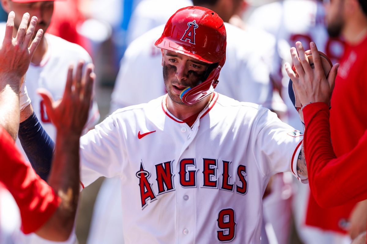 Zach Neto #9 of the Los Angeles Angels celebrates in the dugout during the game against the Cleveland Guardians at Angel Stadium of Anaheim on August 26, 2026 in Anaheim, California. Zach Neto #9 of the Los Angeles Angels celebrates in the dugout during the game against the Cleveland Guardians at Angel Stadium of Anaheim on August 26, 2026 in Anaheim, California.