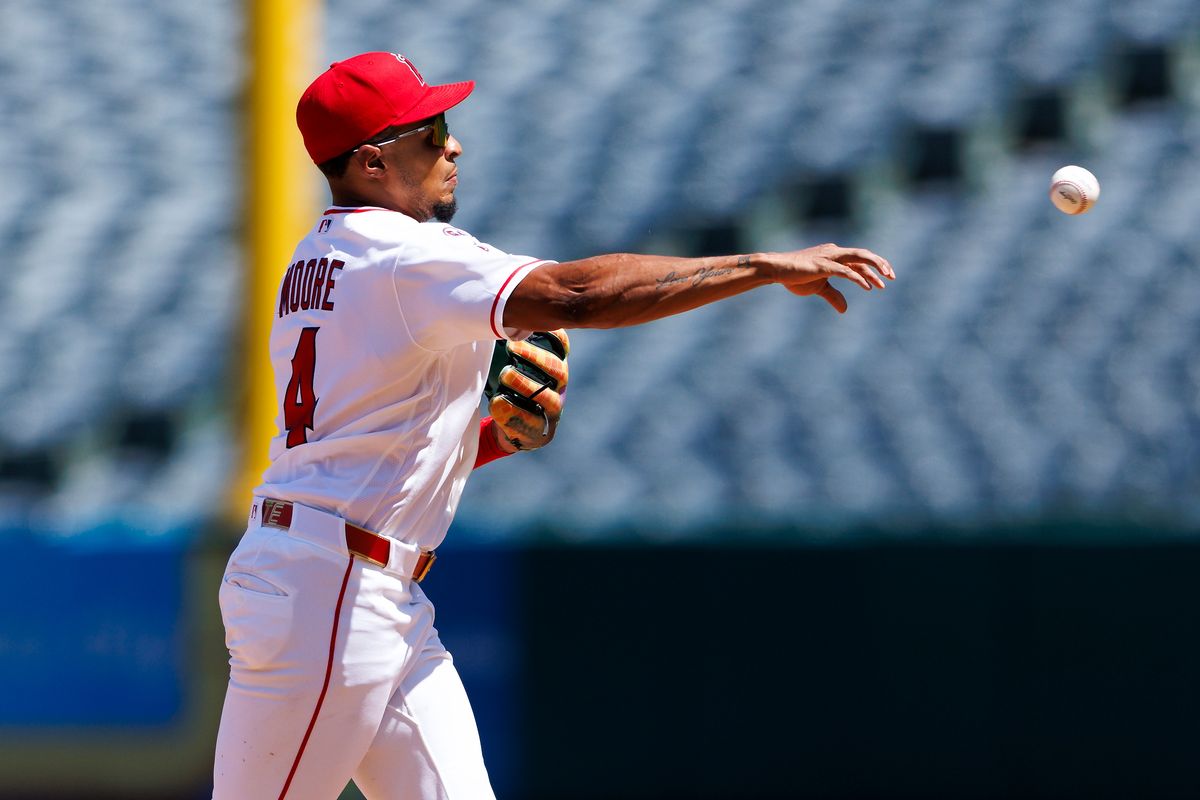 Christian Moore #4 of the Los Angeles Angels throws to first base during the game against the Cleveland Guardians at Angel Stadium of Anaheim on August 26, 2026 in Anaheim, California. Christian Moore #4 of the Los Angeles Angels throws to first base during the game against the Cleveland Guardians at Angel Stadium of Anaheim on August 26, 2026 in Anaheim, California.